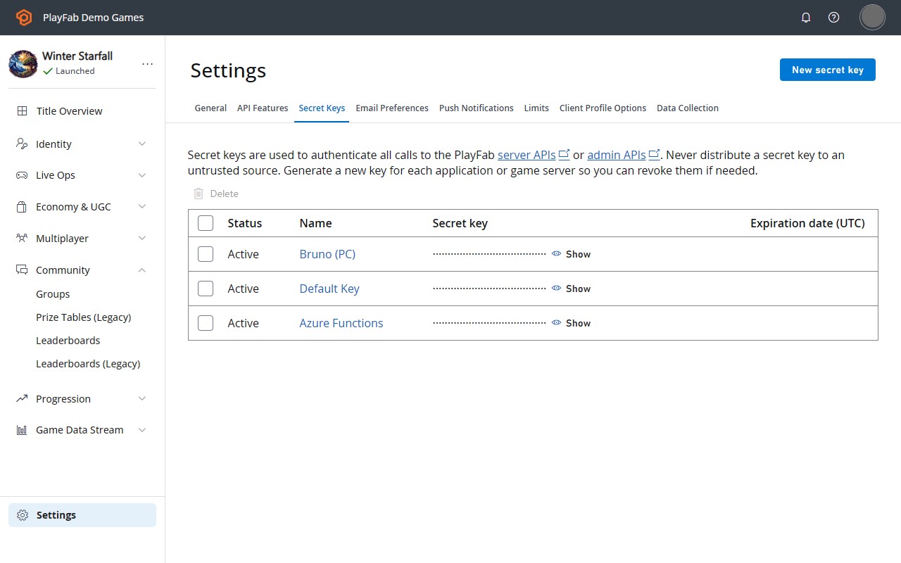 Game Manager UI showing Secret Keys page