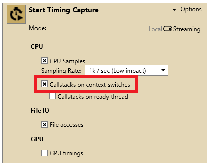 Capture d'écran montrant l'emplacement de la case Callstacks on context switches dans le volet Options de Start Timing Capture