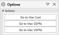 Capture d'écran du menu des options de Block Disassembly présentant les options Go to Max Cost, Max SGPRs et Max VGPRs.