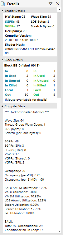 Capture d'écran du panneau de détails Compiler Stats