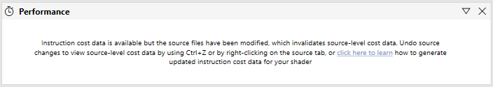Capture d'écran du message indiquant que des données de coût des instructions sont disponibles mais que les fichiers sources ont été modifiés, ce qui invalide les données de coût au niveau du code source.