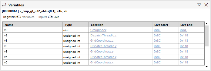 Capture d'écran du panneau Variables avec Registers sélectionné