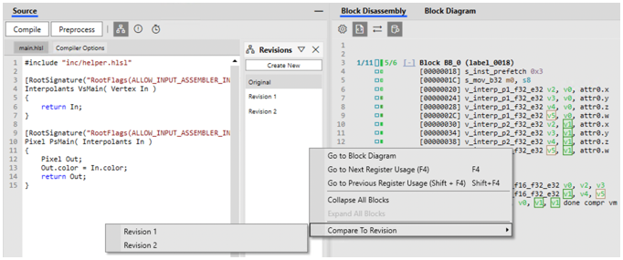 Capture d'écran de l'option de menu Compare to Revision dans la vue Block Disassembly