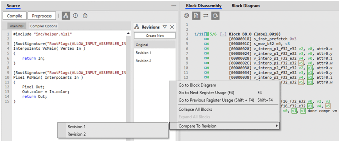 Capture d'écran de l'option de menu Compare to Revision dans la vue Block Disassembly