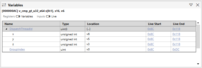 Capture d'écran du panneau Variables avec Variables sélectionné