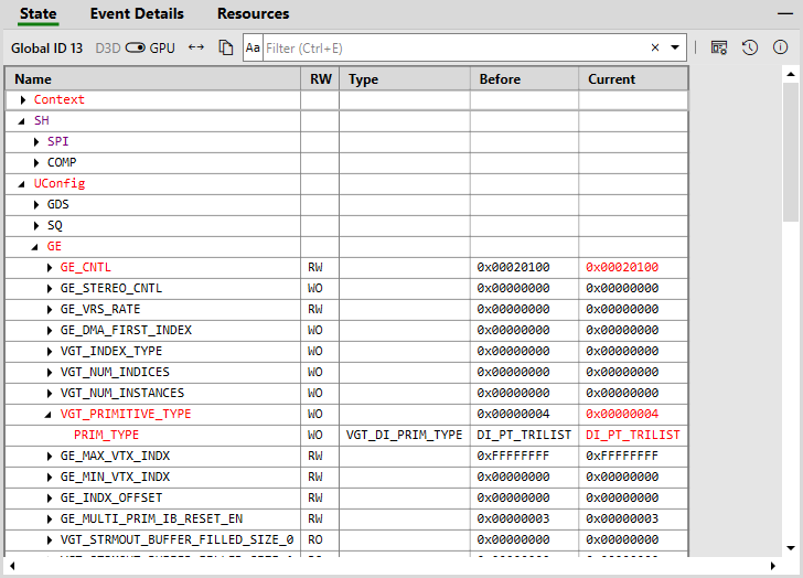 Onglet GPU State de PIX