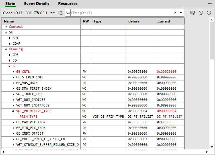 Onglet GPU State de PIX