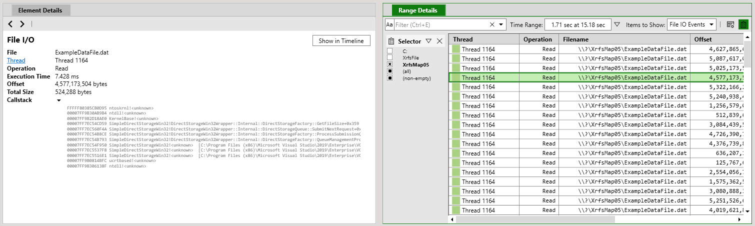 Capture d'écran d'une ligne de tableau décrivant un accès aux fichiers sélectionné dans la vue Range Details et des informations détaillées sur cet accès dans la vue Element Details