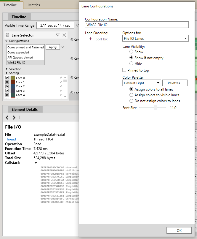 Capture d'écran du panneau Lane Selector dans la vue Timeline et de la boîte de dialogue Lane Configurations