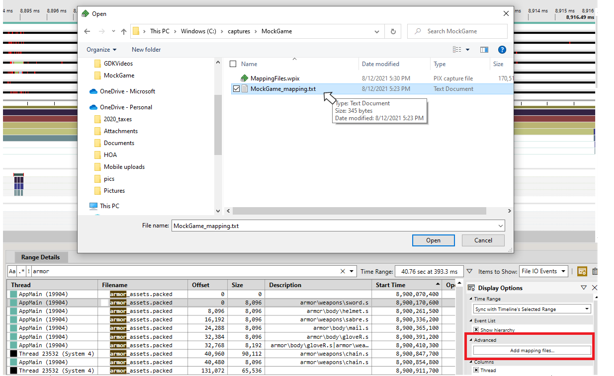 Capture d'écran de la boîte de dialogue permettant d'ajouter des fichiers de mappage aux Timing Captures