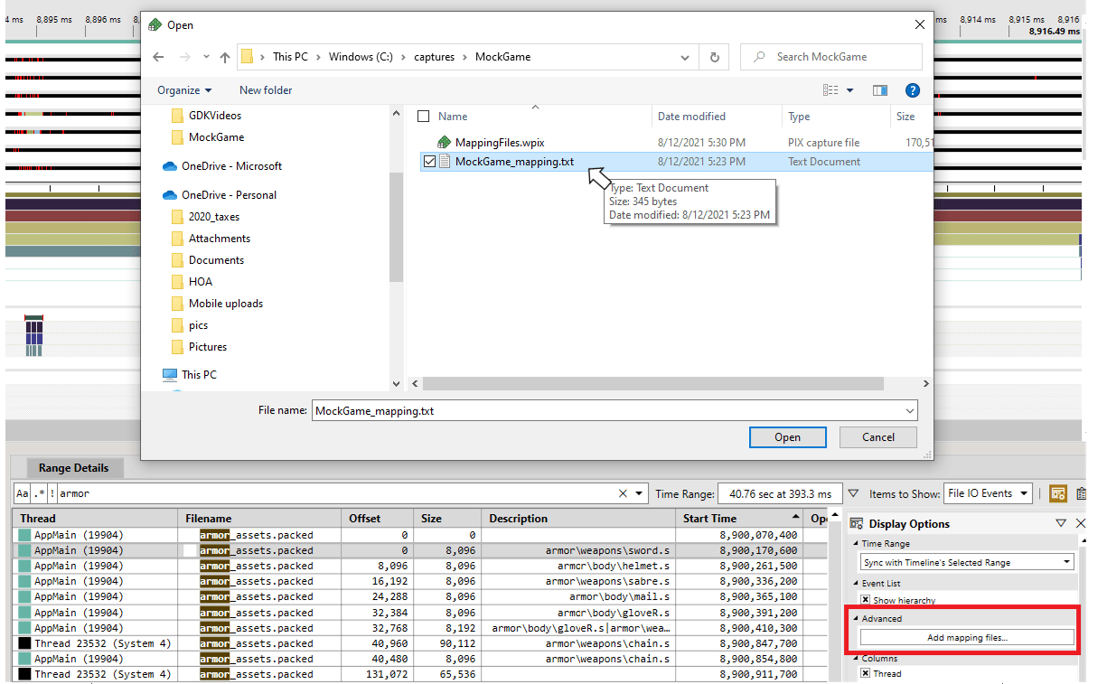 Capture d'écran de la boîte de dialogue permettant d'ajouter des fichiers de mappage aux Timing Captures