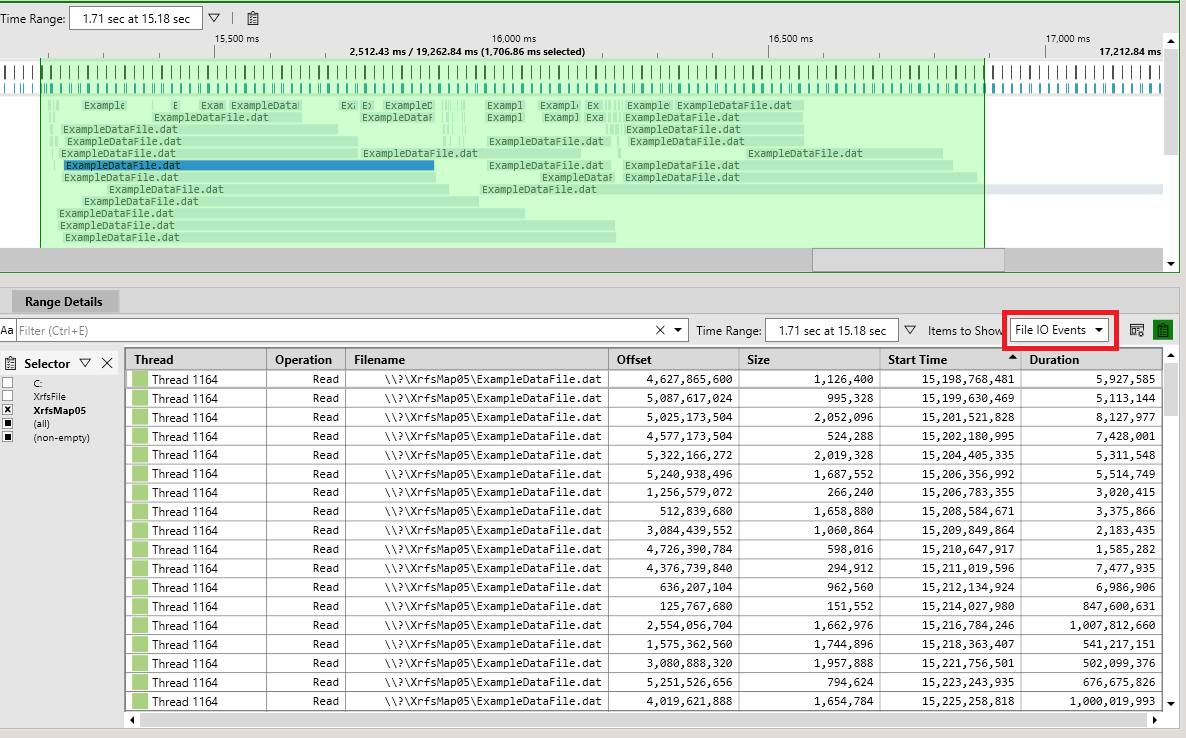 Capture d'écran d'une plage de temps sélectionnée dans la vue Timeline et d'un tableau des événements d'E/S de fichiers associés dans la vue Range Details