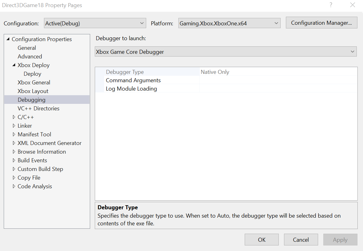 Page de propriétés Debugging