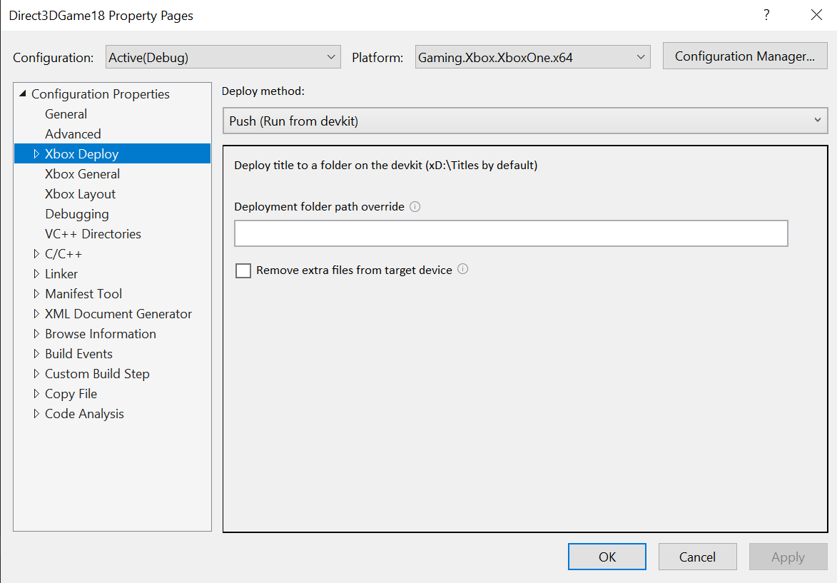 Page de propriétés Deploy pour Push