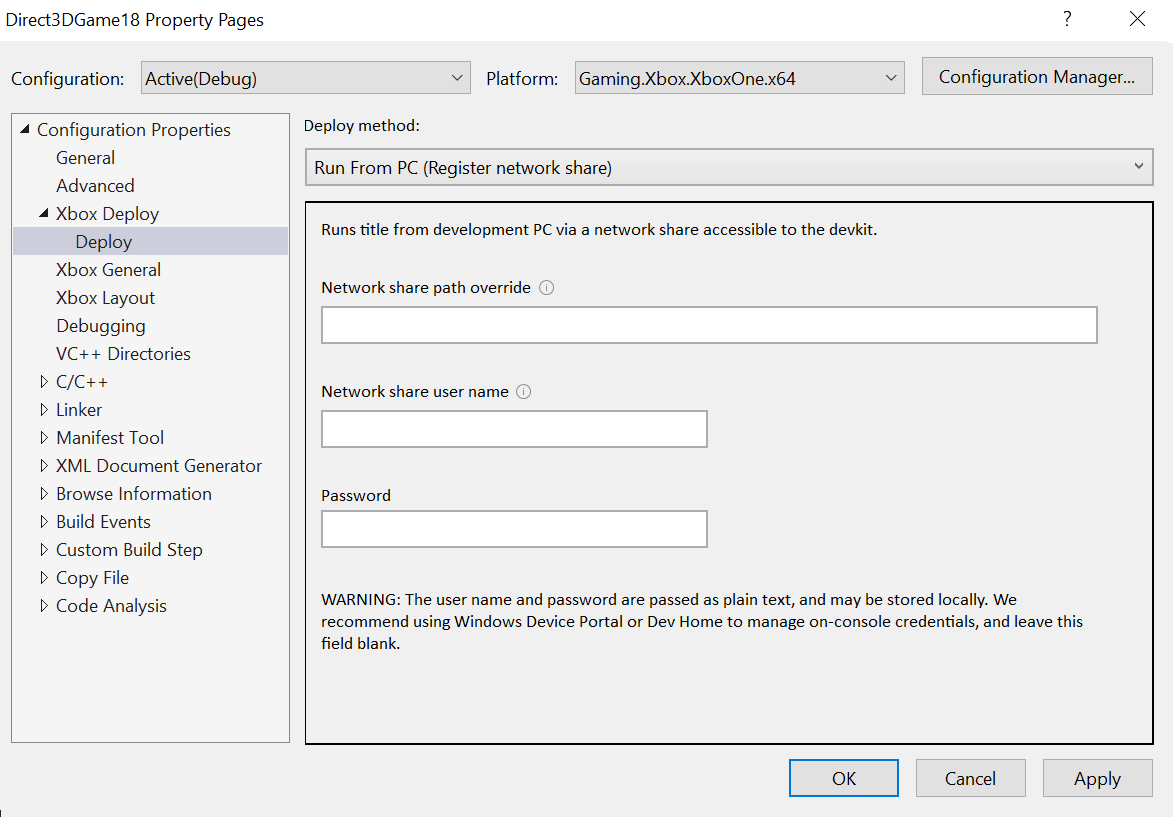 Deploy property page for Run from PC
