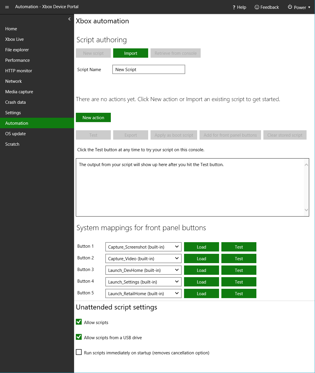XBOX Device Portal 中脚本创作工具主界面的截图
