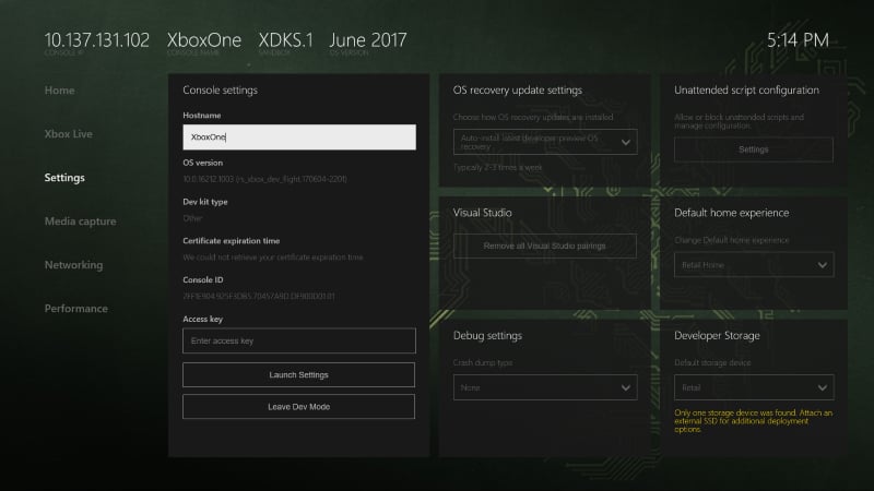 Uma captura de tela do Dev Home que mostra a página Settings
