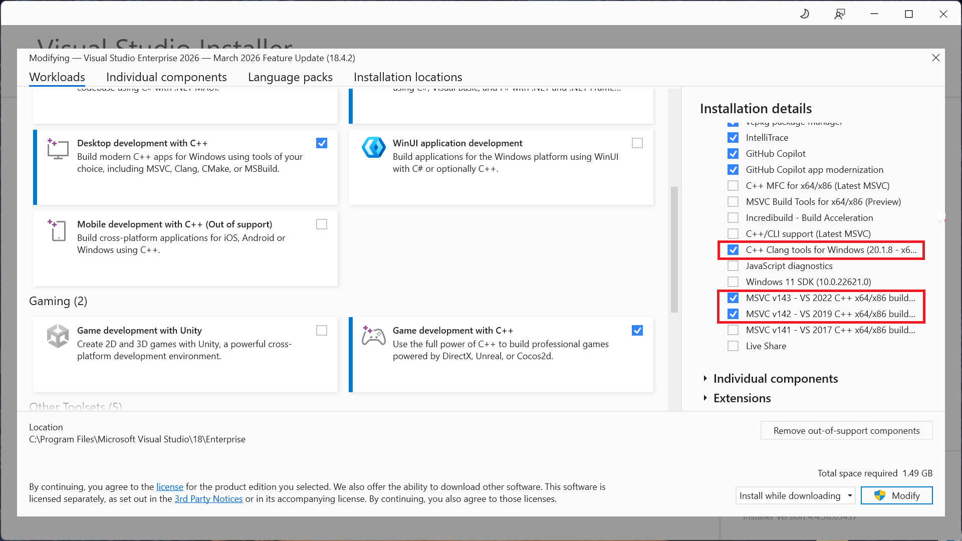 Selecting optional toolsets when installing Visual Studio 2026