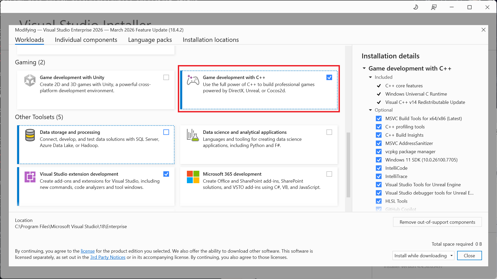 Installing the Game Development with C++ workload with Visual Studio 2026