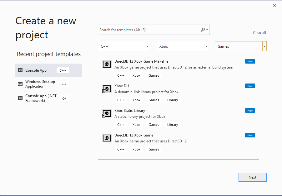 Screenshot of the New Project dialog in Visual Studio 2019