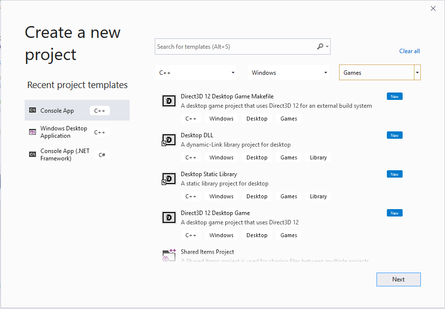 Windows PC ゲーム テンプレートを検索するための、Visual Studio 2019 の [新しいプロジェクトの作成] ダイアログ ボックスのスクリーンショット