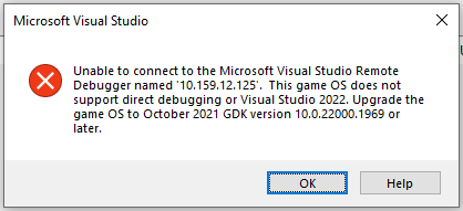 2022 年 3 月 GDK に同梱されたバージョンよりも古い Game OS に対して Visual Studio 2022 デバッガーを使用しようとする