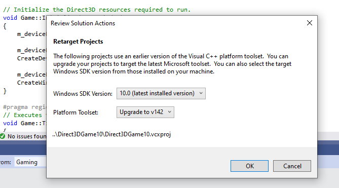 Screenshot of the Review Solution Actions dialog box of the upgrade wizard in Visual Studio 2019, showing retargeting options for a Visual Studio 2017 project