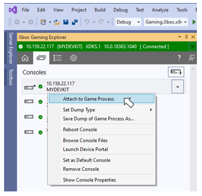 Visual Studio 中 XBOX Gaming Explorer 的 Consoles 选项卡截图，突出显示某个主机上下文菜单中的 Attach to Game Process 菜单项