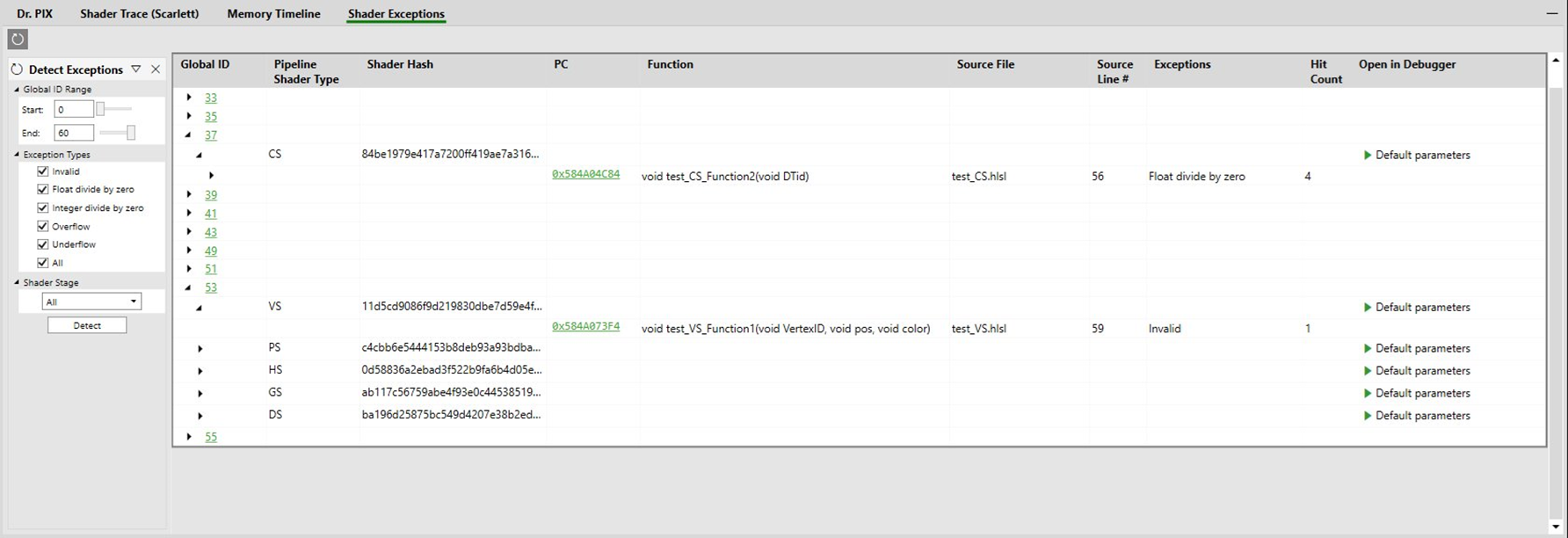 Shader Exceptions 檢視