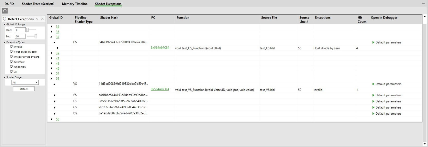 Shader Exceptions 檢視