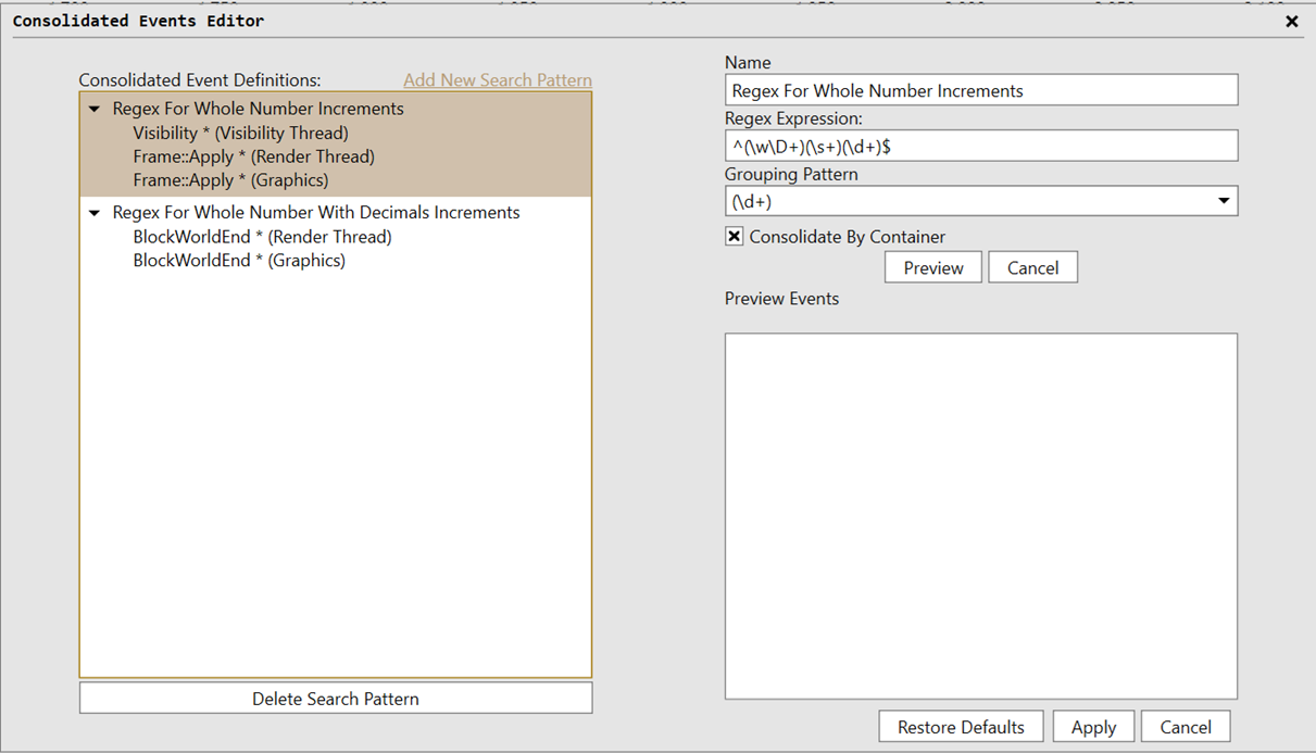 Metrics 檢視 Consolidated Events Editor