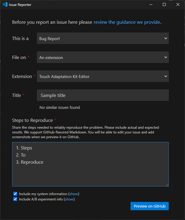 VS Code의 "Report Issue" 창 스크린샷