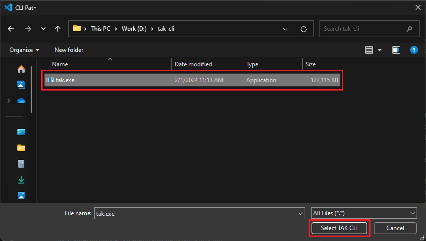 TAK CLI 실행 파일을 선택하는 파일 선택기의 스크린샷