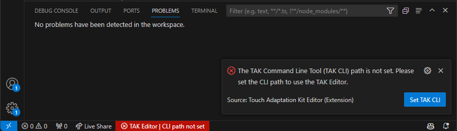 指示未设置 TAK CLI 路径的状态栏项屏幕截图