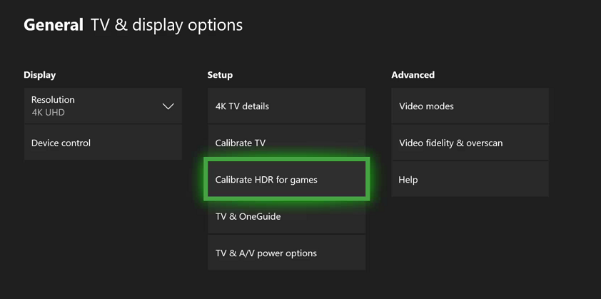 Image des « Paramètres de la console », sous « Options du téléviseur et de l'affichage », « Étalonner le HDR pour les jeux »