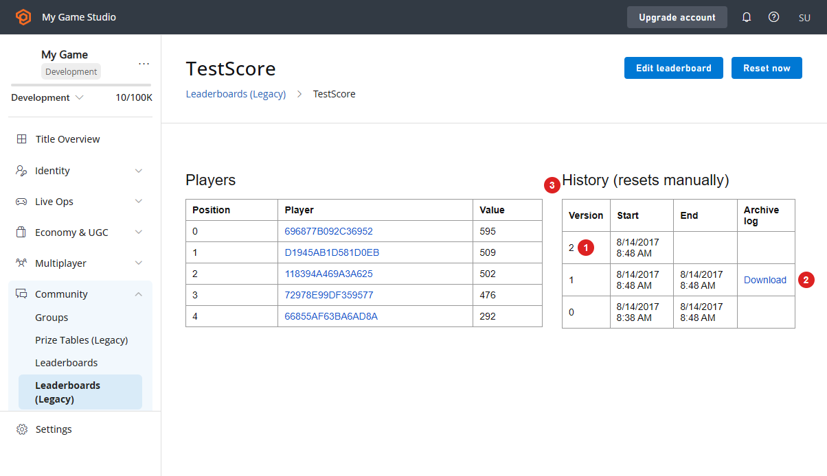 Game Manager - Leaderboards - Leaderboard Versions