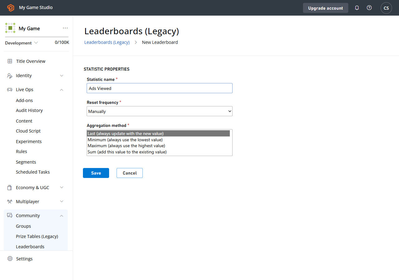 Game Manager - Leaderboards - New Leaderboard - Properties