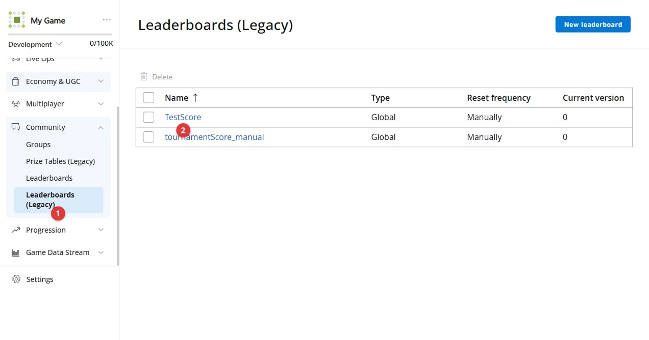 Game Manager - Leaderboards - Test Score