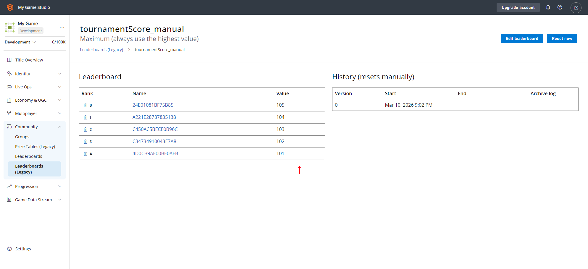 Game Manager - Leaderboards - View Leaderboard - Check values