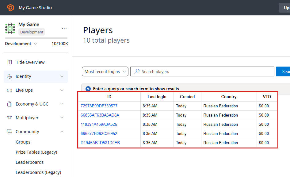 Game Manager - Players - Most recent logins