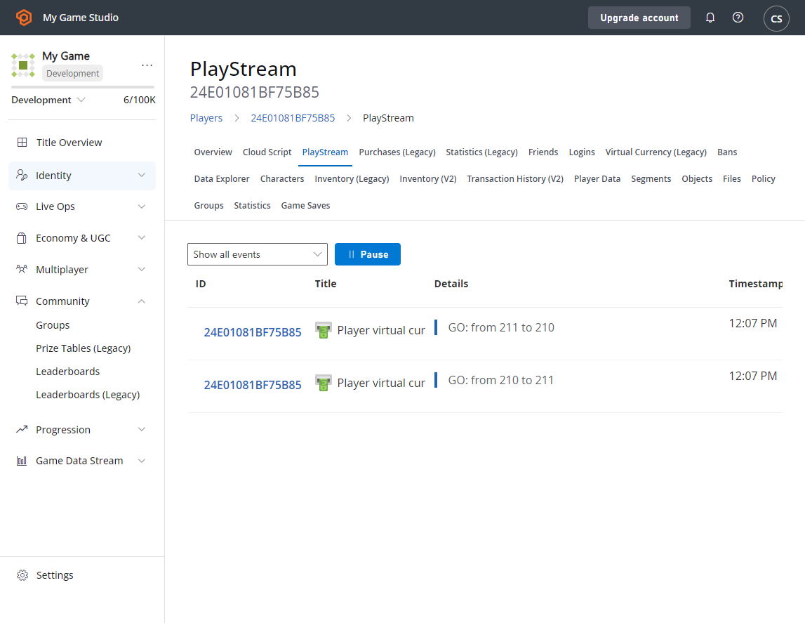 Game Manager - Players - PlayStream Debugger - Check Leaderboard Events