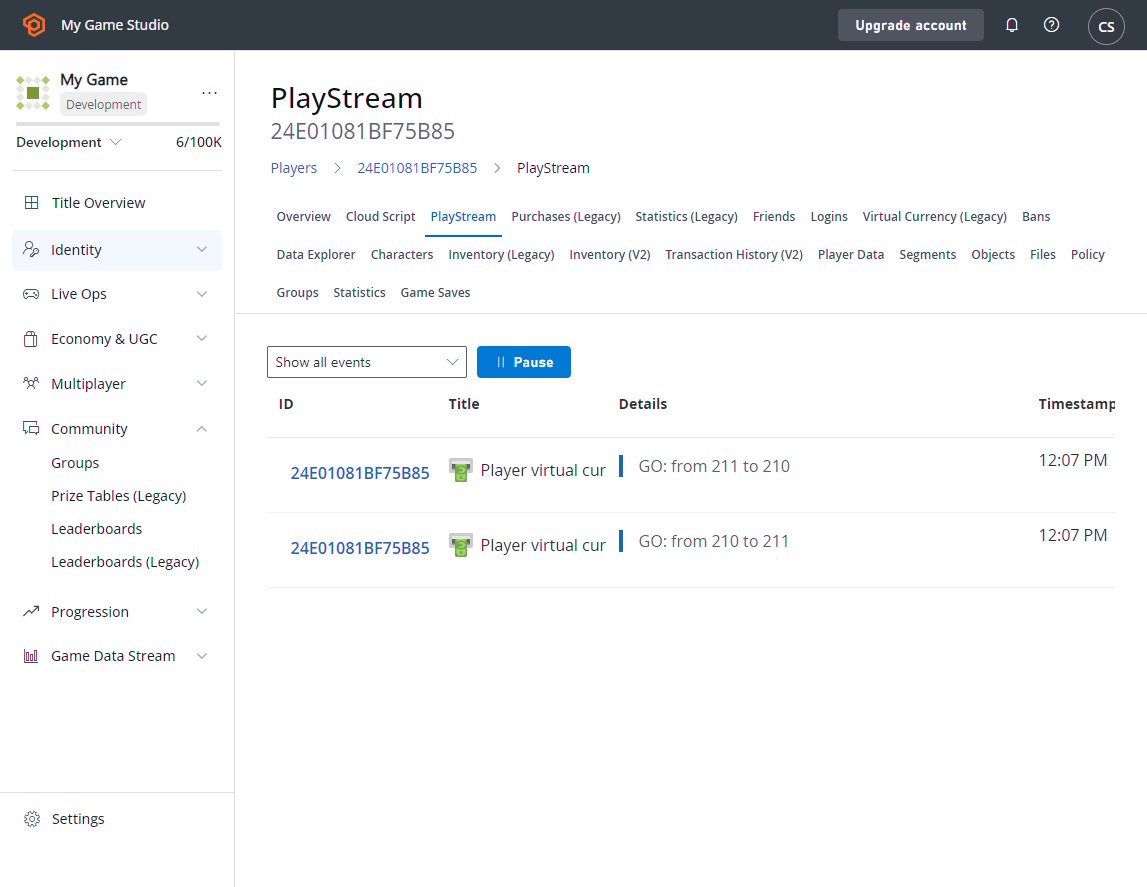 Game Manager - Jugadores - Depurador de PlayStream - Comprobar eventos de la tabla de clasificación