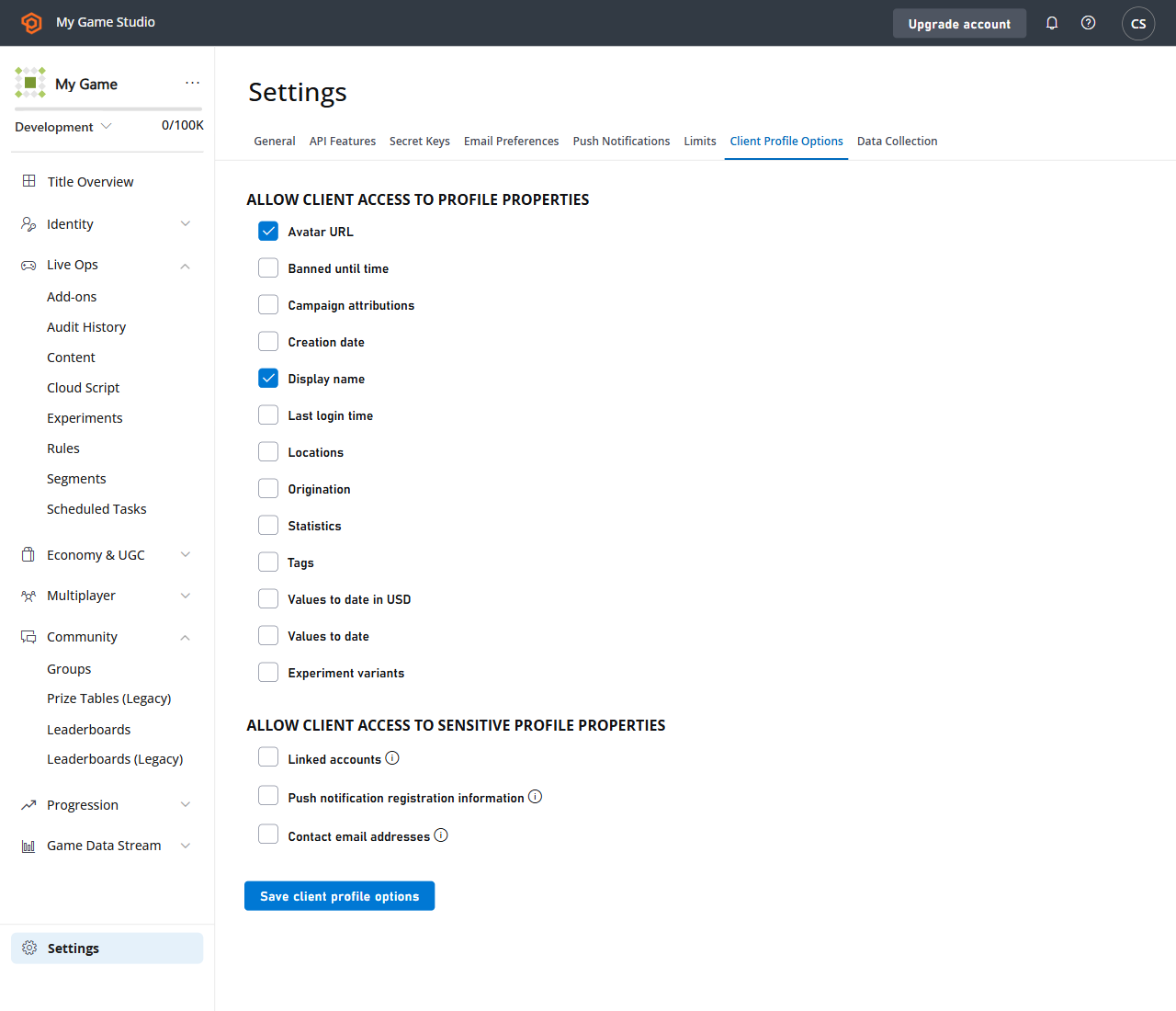 Game Manager - Configuración - Opciones de perfil de cliente