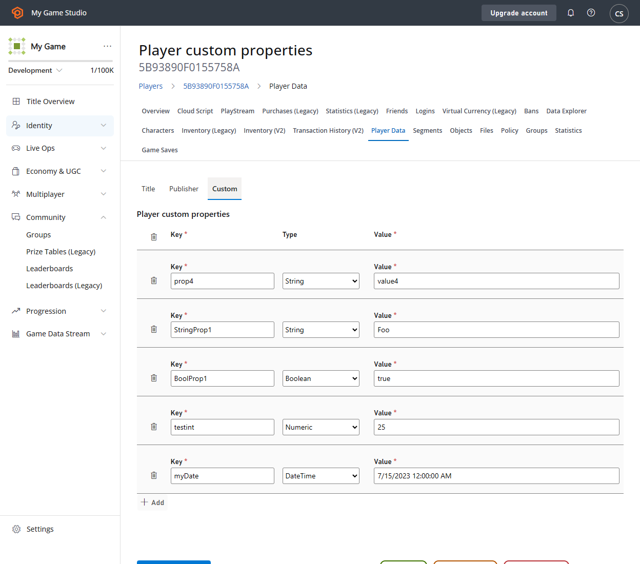 Navigate to Player Custom Properties