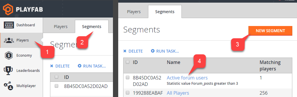Game Manager - Players - Segments - 新しいセグメントの作成または構成