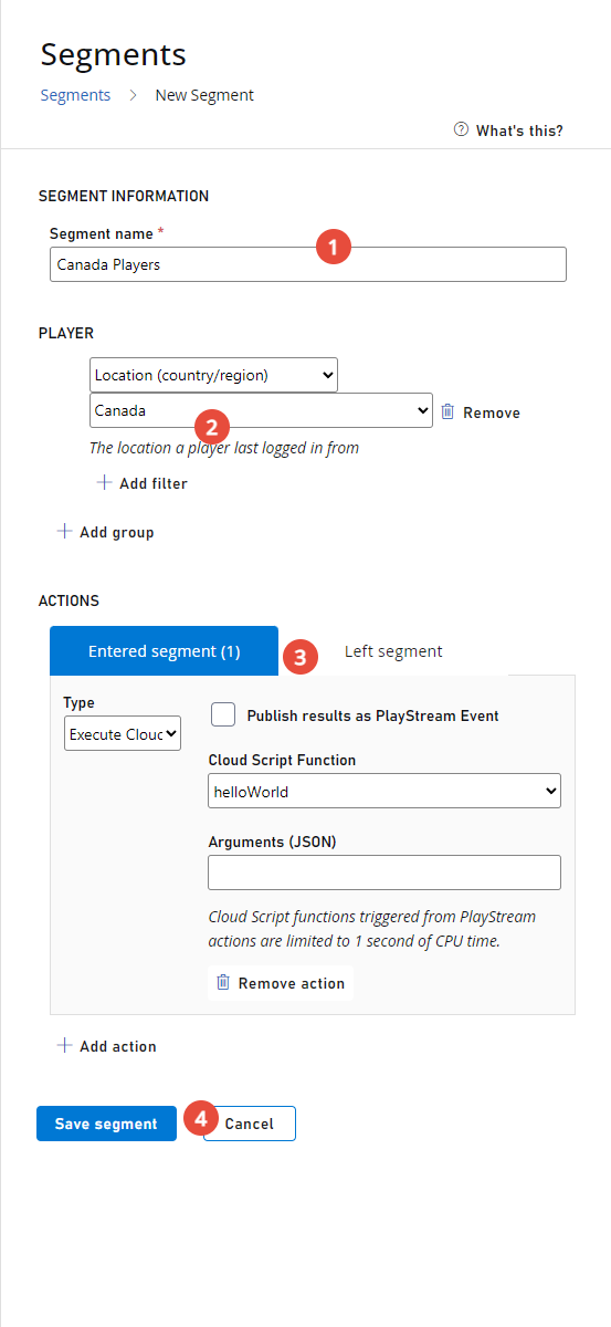 Game Manager - Players - Segments - Configuración de un nuevo segmento