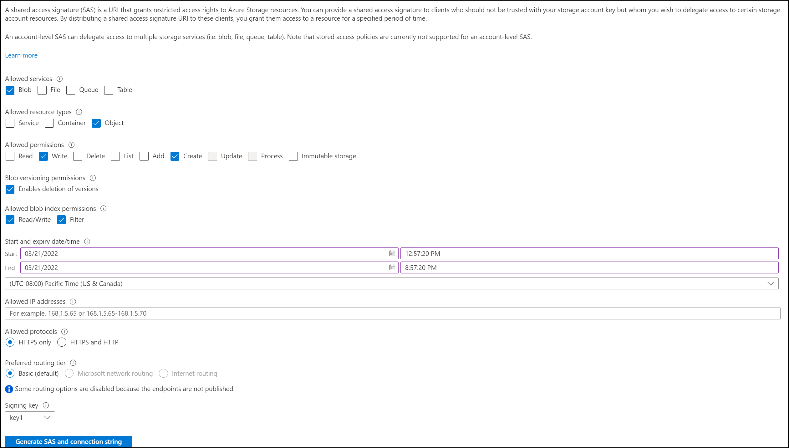 Captura de tela do token SAS no nível da conta - Opção 2