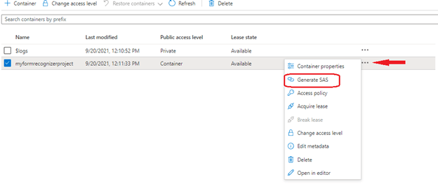 Captura de tela do token SAS no nível do contêiner - Opção 1