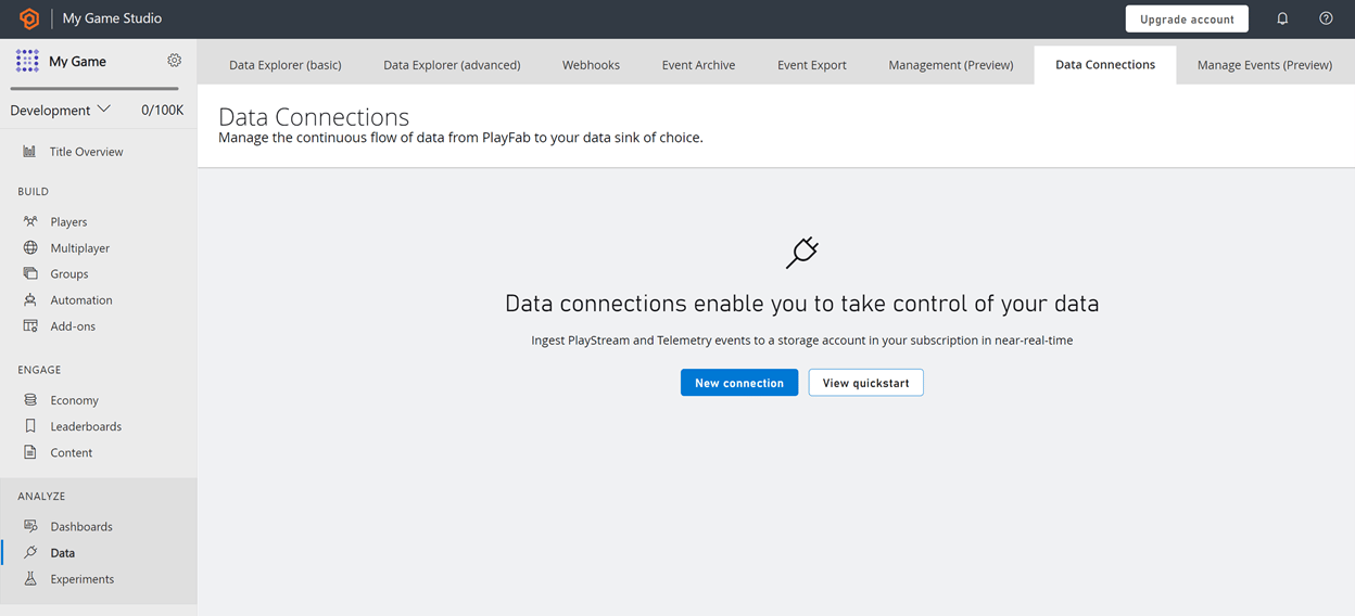 Capture d'écran de la vue d'ensemble de Data Connections