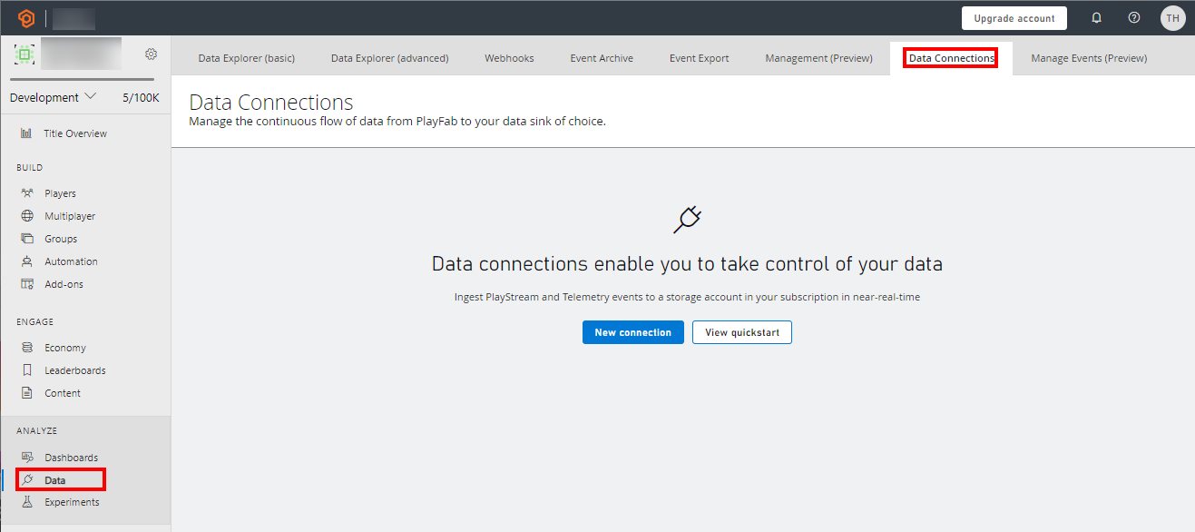 Captura de tela da guia de conexões de dados do PlayFab